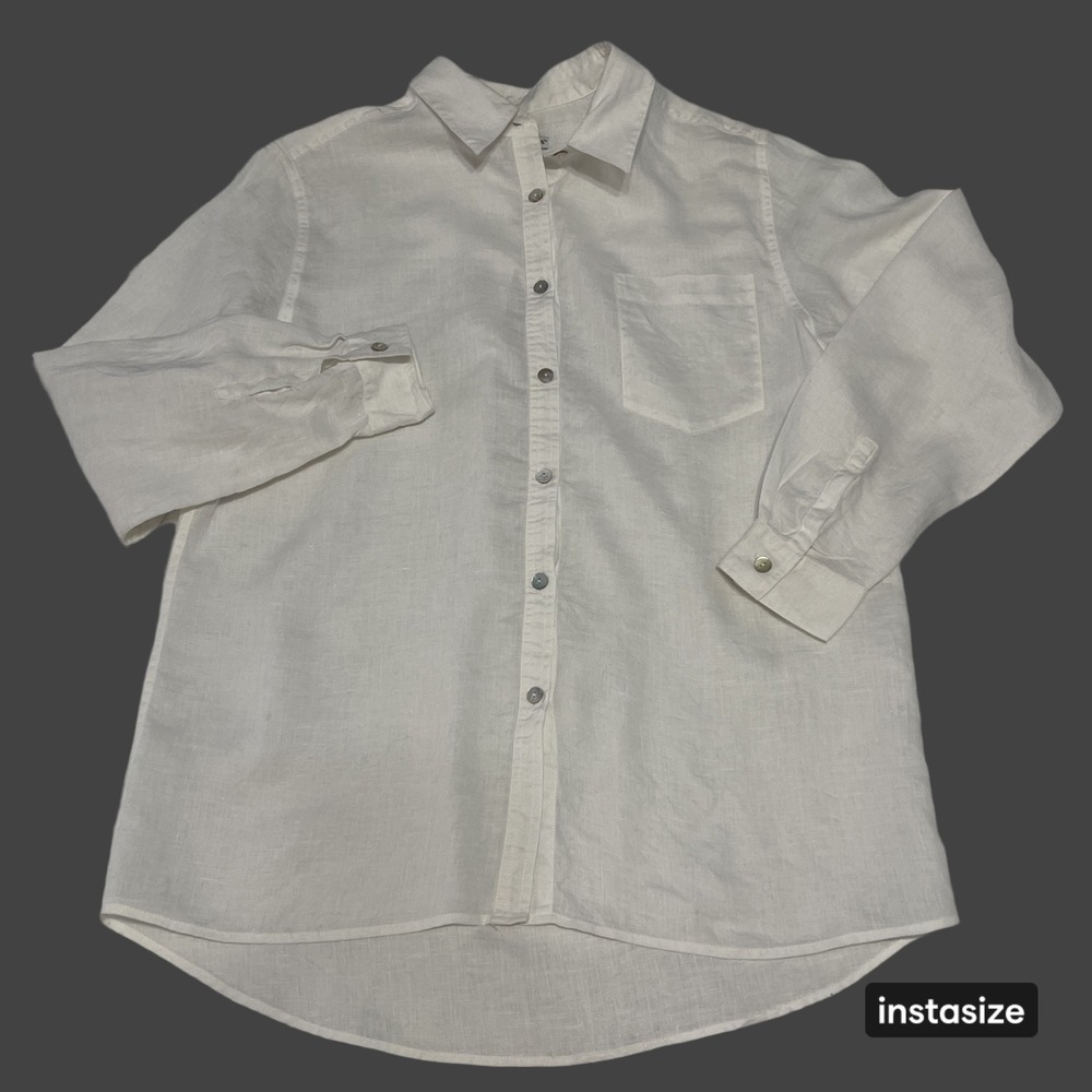 Jillian Jones Womens White 100% Linen Button Down Shirt Long Sleeve Large Beach